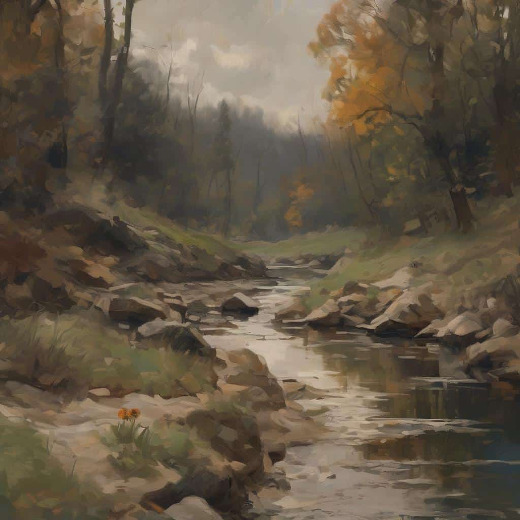 Ορεινή ρομαντική φύση με ποταμό, δέντρα και βράχους σε οπισθοδρομικό ζωγραφικό ύφος, αναδεικνύοντας την αντίθεση μεταξύ ρομαντισμού και κλασικισμού.