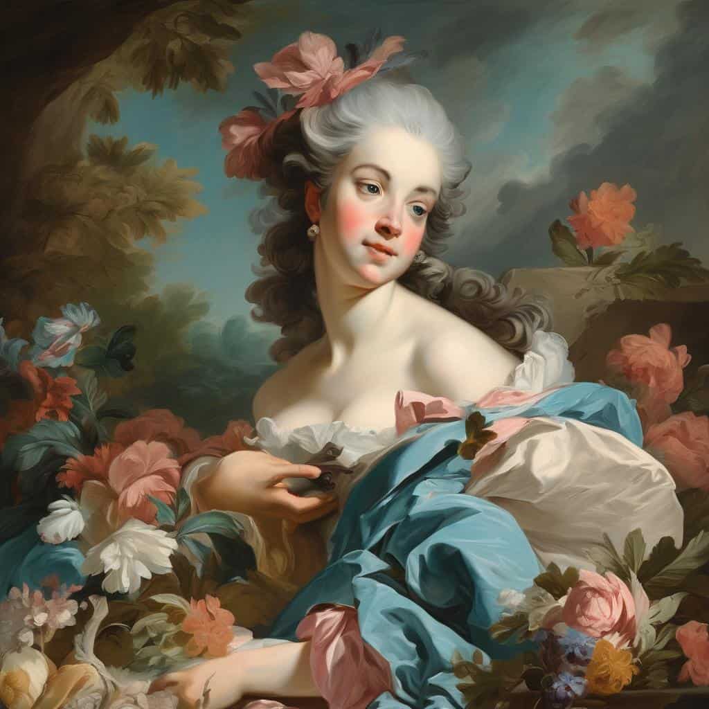 Εξαίρετη νεαρή γυναίκα με ριχτά μαλλιά και ρομαντικά ρούχα σε κλασικό στυλ, περιτριγυρισμένη από λουλούδια και φύλλα, σε ρομαντικό και κλασικό πλαίσιο.