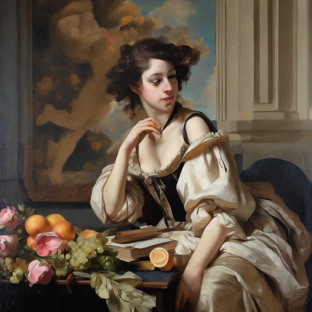 Ομορφη ρομαντική femme fatale σε κλασικό εικαστικό έργο με θέμα ρομαντισμό και αντίθεση με τον κλασικισμό, σε εσωτερικό χώρο με φρούτα και λουλούδια.