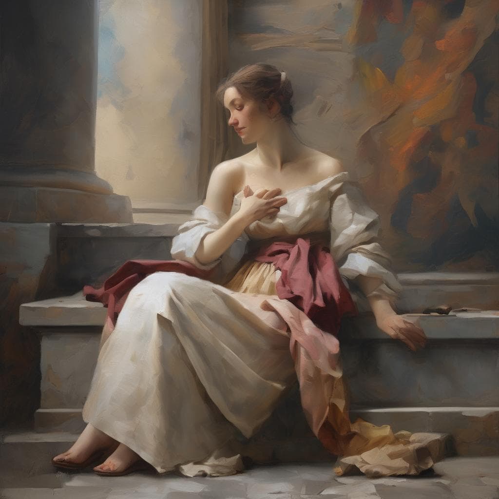 κομψή γυναίκα σε κλασικό ρομαντικό σκηνικό με αντίθεση, ζωγραφική τέχνη, κομψός ρουχισμός, ρομαντισμός και κλασσική αισθητική.
