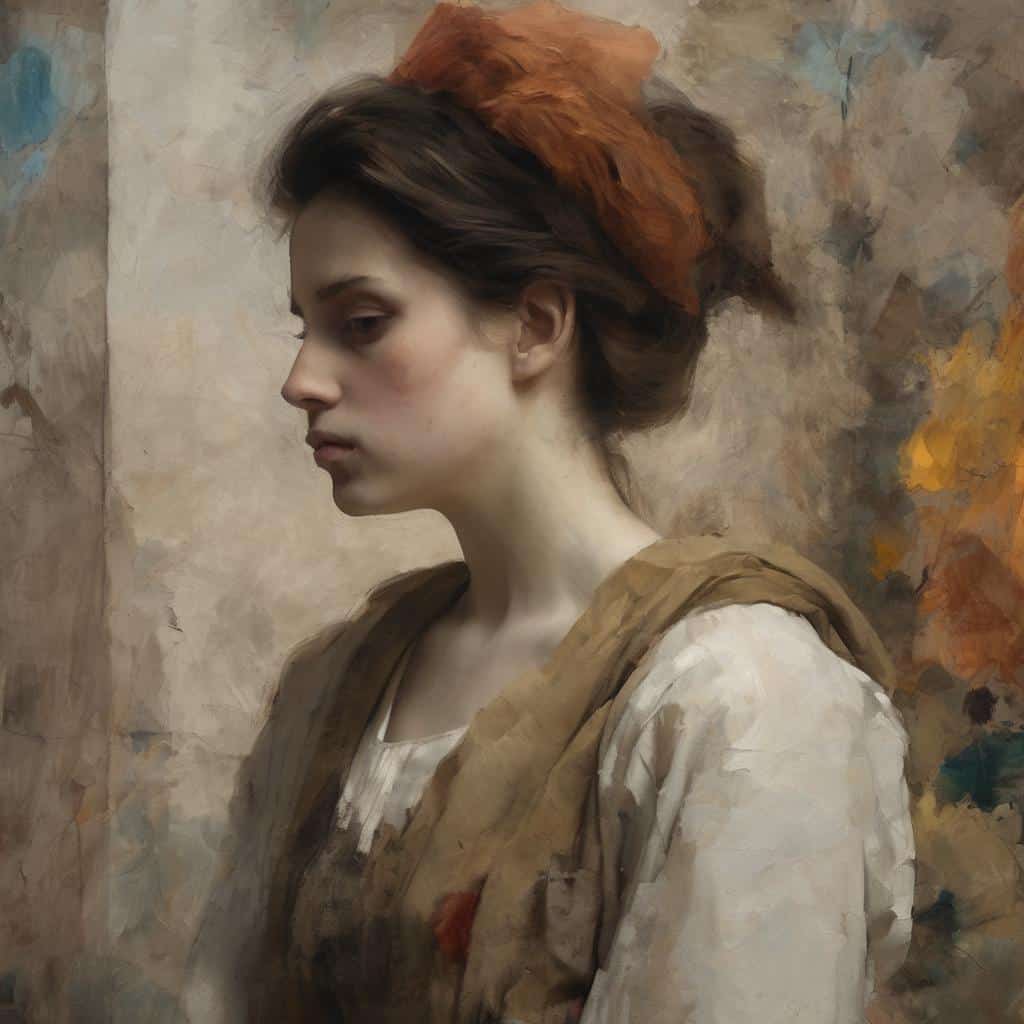 Ομορφη γυναικεία πορτρέτο με ρομαντικές και κλασικές επιρροές, ζωγραφισμένο με έντονα χρώματα και αισθητική αντίθεση.