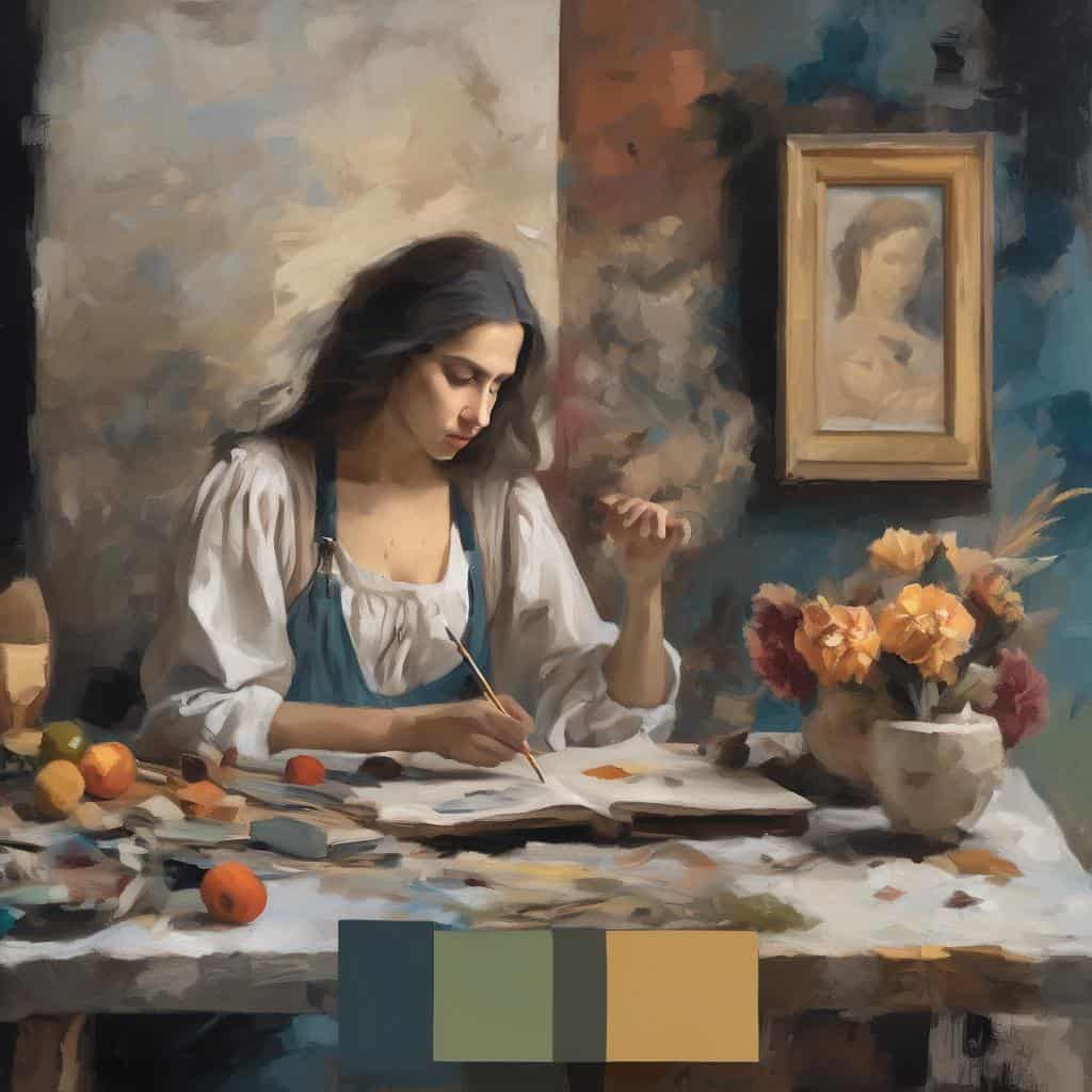 Ρομαντισμός και αντίθεση με τον κλασικισμό, νεαρή γυναίκα ζωγραφίζει σε ατελιέ, εσωτερικό, αρμονία, τέχνη, δημιουργικότητα, καλλιτεχνικό πάθος.