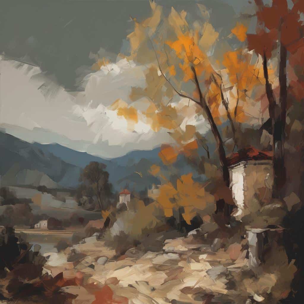 νεκρός καφές, ο καφές στο τοπίο του φθινοπώρου, χειμερινό τοπίο με κίτρινα και πορτοκαλί φύλλα, ήσυχο τοπίο με βουνά και δέντρα, τέχνη σε ζωγραφική ψηφιδωτό.